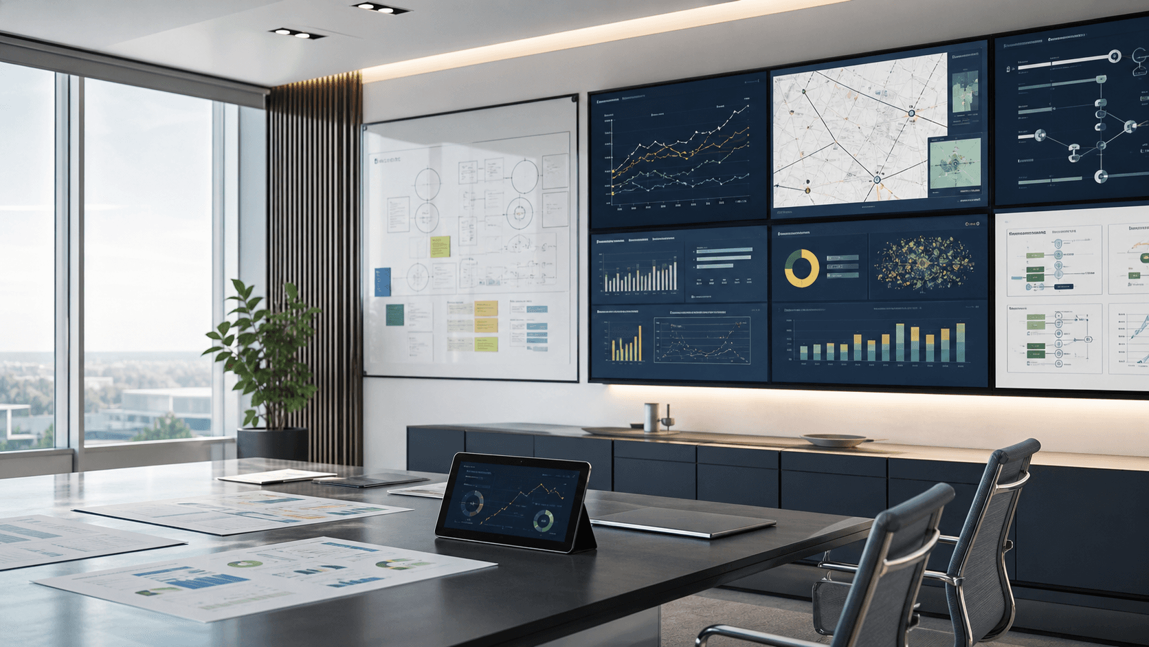 Operations analytics dashboards in a professional strategy room